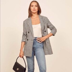 Reformation Valero Blazer Linen Double Breasted Checkered Black White Size S